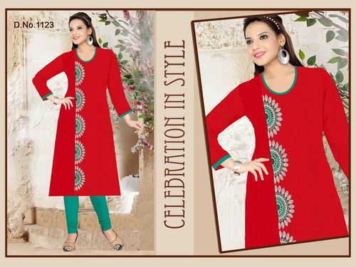 Cotton Kurti - XL, XXL | Exotic Red with Multi-Color Floral Embroidery, Full Sleeves, Ideal for Casual and Party Wear