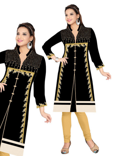 Rayon Kurti - Rayon Fabric, Size XL & XXL | Black Color with Golden Embroidered Floral Motifs, Long Sleeves, Stylish Round Collar for Casual & Party Wear