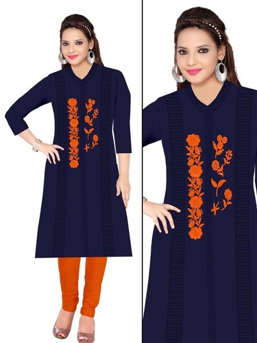 Cotton Kurti - Cotton Slub, Size XL/XXL | Rich Red Color, Multicolor Floral Embroidery, Long Sleeves, Modern Casual & Party Wear for Girls