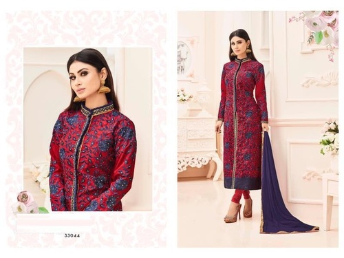 Heavy Silk Floor Touch Suit - Red & Blue with Heavy Embroidery, Full Sleeves, Custom Size Options Available