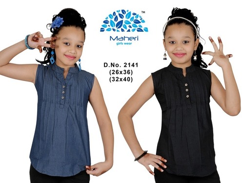 Girls Top - Denim Long Top Shirt Type | Denim Material, Classic Style, Dyed Pattern, Denim Blue Color for Ages 4-15 Years