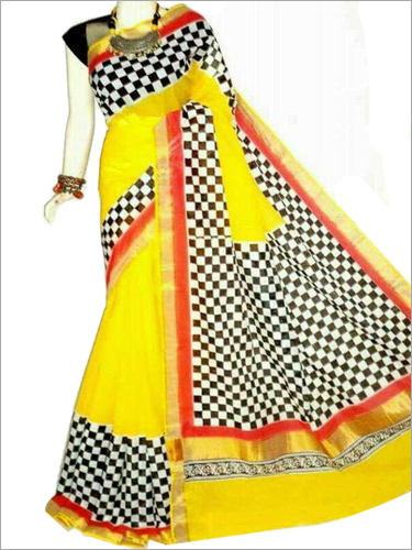 Ladies Silk Saree - Cotton Silk Fabric, Yellow Color with Exquisite Hand Printed Patterns