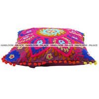 Embroidered Cushion Cover - 100% Cotton, 16x16 Inches | Handcrafted Pom Pom Lace, Zipper Closure, Ideal For Home And Hospitality
