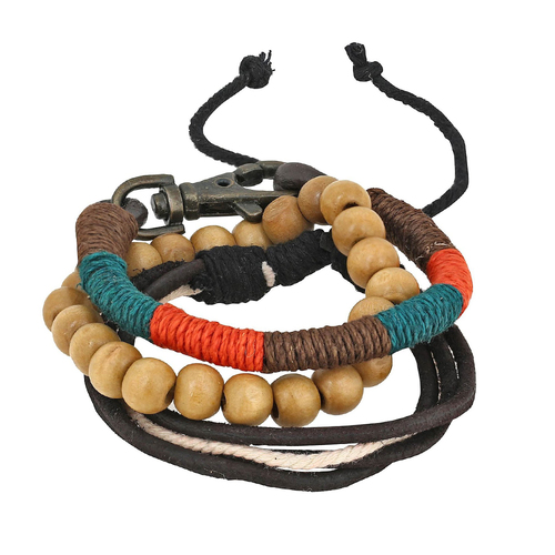 Brown Men's Leather and Wooden Bracelet
