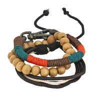 Brown Men's Leather And Wooden Bracelet