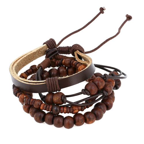 Brown Wooden Beds and Leather Bracelets Set For Men