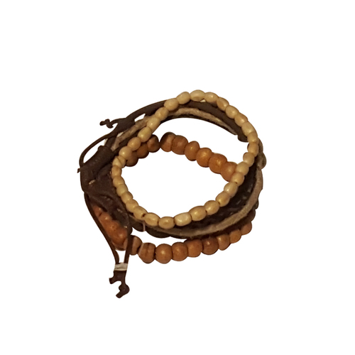 Brown Wood Beaded and Leather Bracelets Set