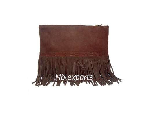 Brown Leather Fringe Clutch Bag