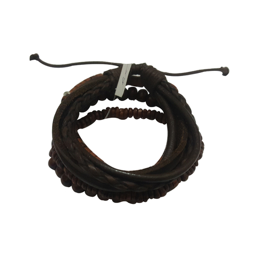 Dark Brown Wood Beads and Leather Men's Bracelet