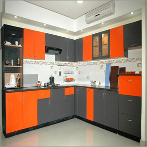 Black And Orange Attractive Pvc Modular Kitchen