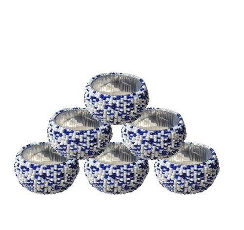 White and Blue Glass Beads Napkin Rings 6 Pcs Set