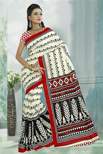 Floral Printed Bhagalpuri Sarees - Cotton, 5.5 Meters, Off-White | Elegant Design, Soft Fabric, Comfortable Wear, Traditional Style