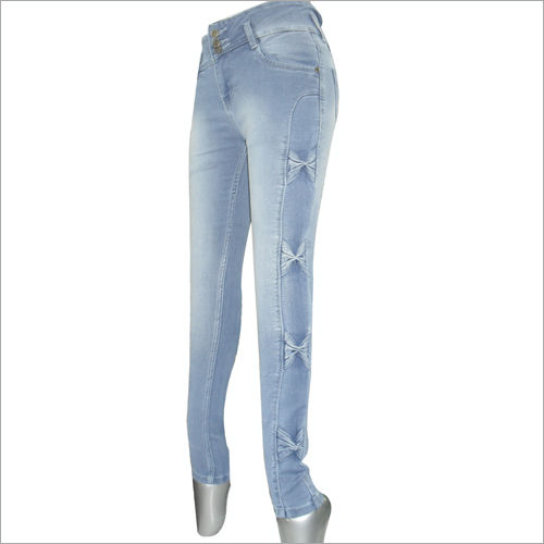 Sky Blue Ladies Side Bow Pattern Jeans 