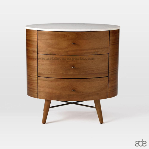 Round Wooden Bedside - 45x40x50 cm | Walnut Finish, Metal and Wood Blend, Intricate Design