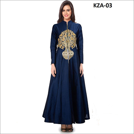 Ladies Floor Length Suit - Silk, Free Size, Navy Blue | Elegant Design, Gold Thread Embroidery, Comfortable Fit