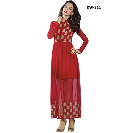 Indo Western One Piece Dress - Georgette, Maxi Length, Red | Floral Embroidery, Stylish Design, Comfortable Fit, Collared Neckline, Long Sleeves