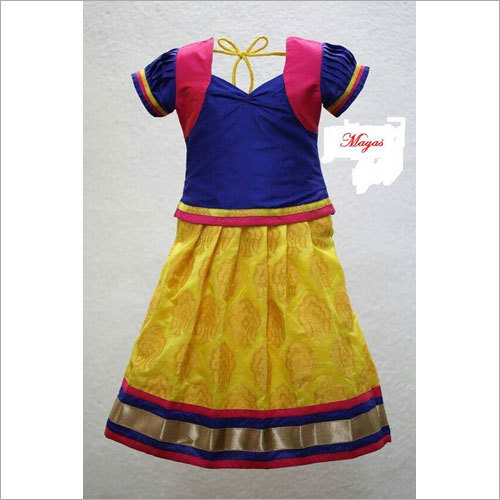 Lahenga Choli - Rayon Material, Sizes S, M, L - Yellow and Blue Printed Design for Summer, Short Sleeves for Girls