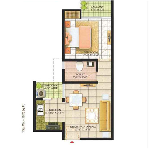 1 BHK + 1 Toilet + 2 Balcony