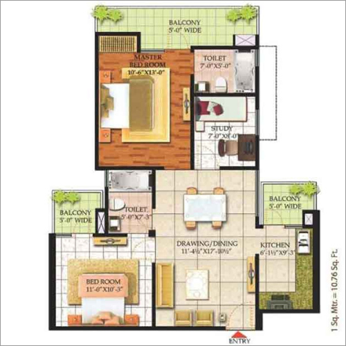 2 Bhk + 2 Toilet + Study + 3 Balcony