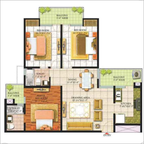 3 BHK + 2 Toilet + 3 Balcony
