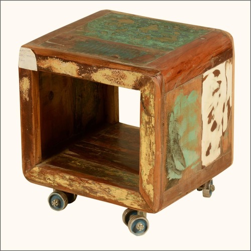 Movable Storage Cubical End Table - Reclaimed Wood, 16w X 14d X 16h Inches, Sporty Design, Lightweight With Wheels