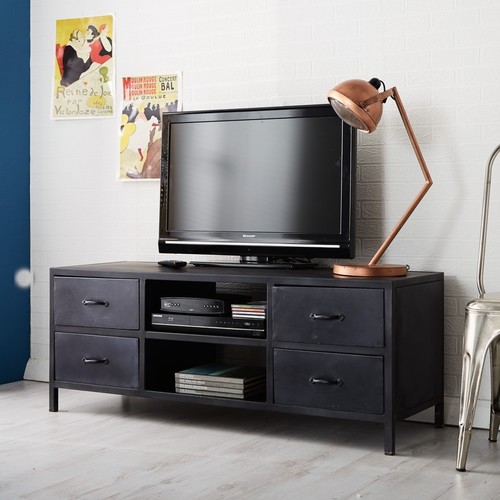 T.V Cabinet - Metal, 48x16x18 Inches, Matte Black | Durable, Spacious, Stylish, Four Drawers, Two Shelves