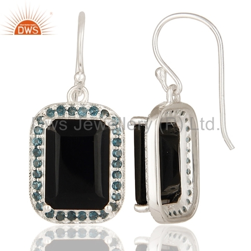 Natural Black Onyx and London Blue Topaz Drop Earrings - 21x15mm, 925 Sterling Silver, 6.84g Weight, Elegant Gemstone Design