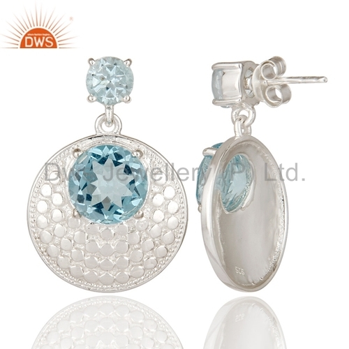 Handmade 925 Sterling Silver - 30x20 mm Blue Topaz Gemstone Drop Earrings, 11.65 Grams Weight