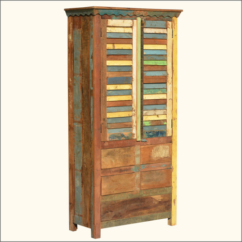 Rainbow Delight Half Shutter Door Armoire - Reclaimed Wood, 36"W x 16.5"D x 72.5"H, Unique Half Shutter Design, Five Spacious Drawers, 100% Handcrafted