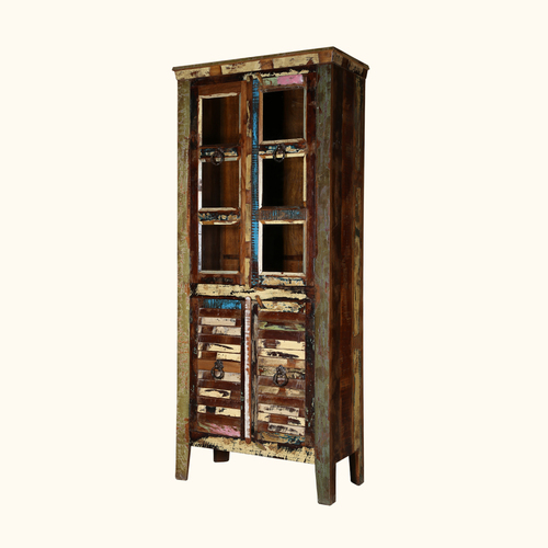 Walnut Brown Reclaimed Wood Storage Cabinet - 36W x 18D x 84H | Handcrafted Half Shutter Door with Six Glass Panes