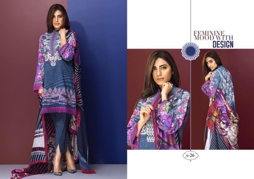 Pakistani Style Salwar Suit - Cambric Cotton, Full Sleeves, Blue with Digital Print | Semi Lawn Bottom, Matching Chiffon Printed Dupatta, Custom Size 36 to 42
