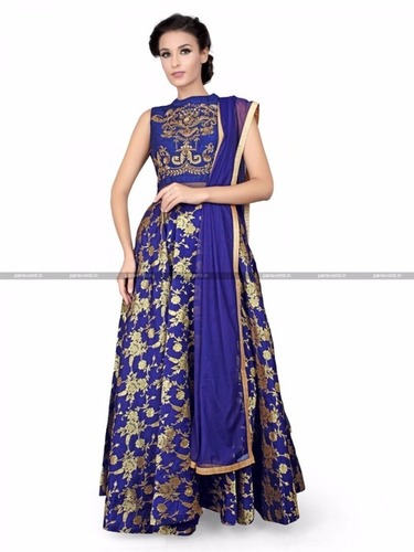 Designed Salwar Kameez - Rayon Cotton Polyester Blend, Blue Color, Embroidered Pattern | Elegant Party Wear, Sleeveless Style, Tear and Shrink Resistant