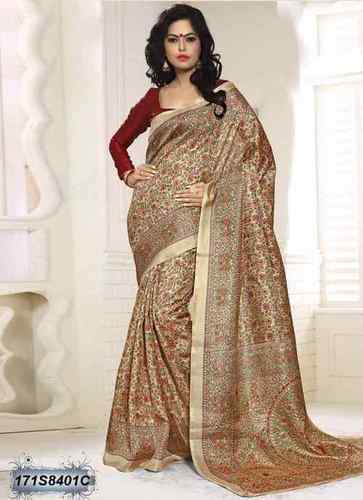 Sarees - Cotton Silk, 6Mtr, Beige | Printed Pattern, Soft Fabric, Elegant Drapes