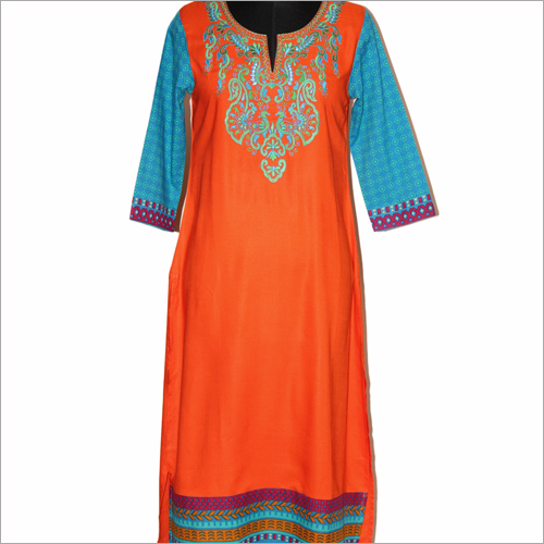Ladies Printed Kurtis - Cotton Silk Blend, 1016mm to 1219mm Length, Long Sleeve, Embroidered Design | Breathable, Quick Dry, Modern Party Wear