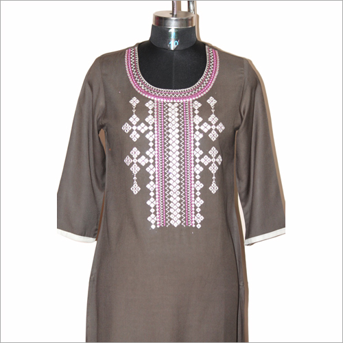 Ladies Rayon Kurti - Nylon, S-M-L-XL Sizes | Embroidered A-Line Style, Long Sleeves, Washable, Breathable for Winter and Summer Party Wear