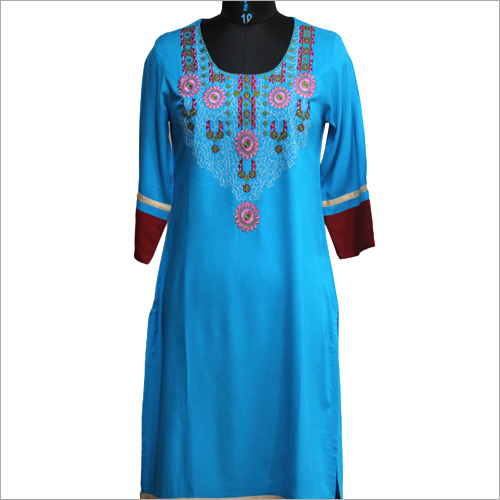 Ladies Party Wear Kurtis - Rayon, Long Sleeves, Size [S, M, L, XL], Length 1016-1219.2 mm | Silk, Breathable, Embroidered, Non-Toxic, Washable