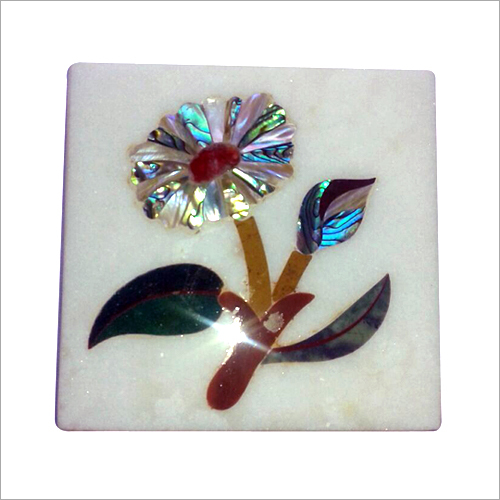 Marble Inlay Table Stand - 4x4 Inches, Polished White Marble with Floral Mother of Pearl Inlay, Elegant Design, Handmade Unique Gift, Durable Decorative Accent