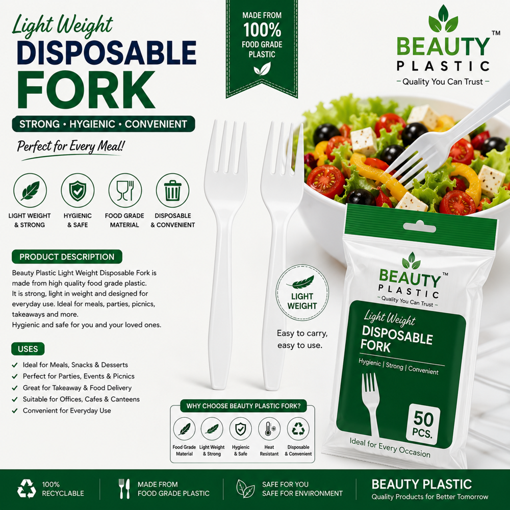 Light Weight Disposable Fork - Plastic Material | Suitable for Inflight Catering Food Courts Hotels QSR Industries Parties and Coffee Shops Available in Black and White