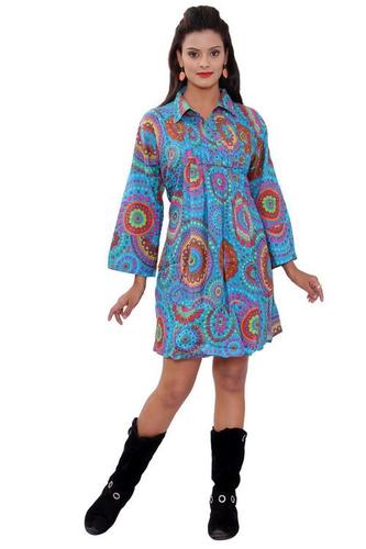 Printed Resort Dress - Cotton Mini Blue, Collared Neckline | Elegant Design, Soft Fabric, Easy Wash, Fancy Appearance, Beautiful Prints