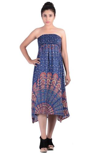 Resort Wear Dress - Cotton Midi, Blue Floral | Trendy Pattern, Comfortable Fit, Ethnic Look