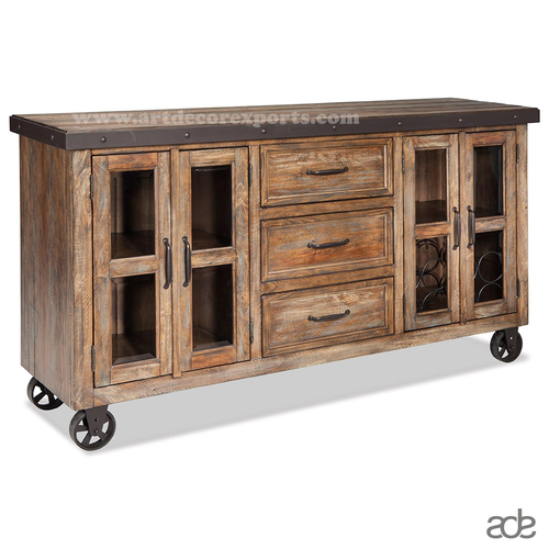 Mango Wood Sideboard - 152x106x46 Cm | Intricate Designs, Luxurious Aesthetic Appeal, Metal And Wood Composition