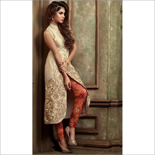 Indo Western Kurti - Cotton Chiffon, Cream Color | Lightweight, Stylish Pattern, Excellent Colorfastness, Short Sleeve, Party Wear