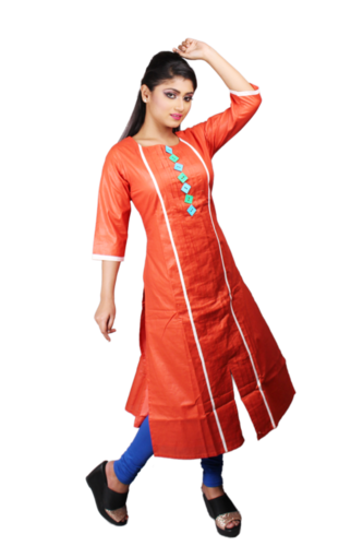 3/4 Sleeve Long Kurti - Cotton, 45 Inches, Orange | Embroidered, Stylish Design, Comfortable Fit, Front Slit