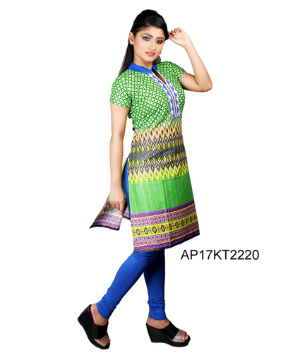 Short Sleeve Printed Kurti - Cotton, S-XL, Green | Stylish, Comfortable, Vibrant Prints, Mandarin Neckline
