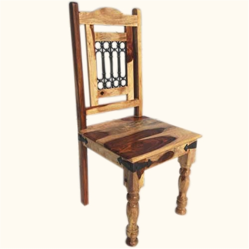 Brown Wooden Iron Grid Dining Chair - Solid Mango/Sheesham/Acacia Wood 18W x 18D x 41H cm 100% Handcrafted Unique Iron Grid Design Indoor Use Classic Appearance