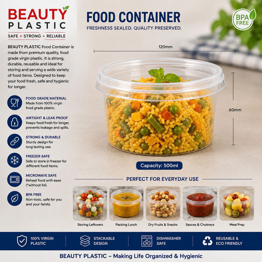 Food Container - Plastic, Large Capacity | Airtight, Leak-Proof, Microwave & Freezer Safe, Ideal for Takeaway and Food Storage