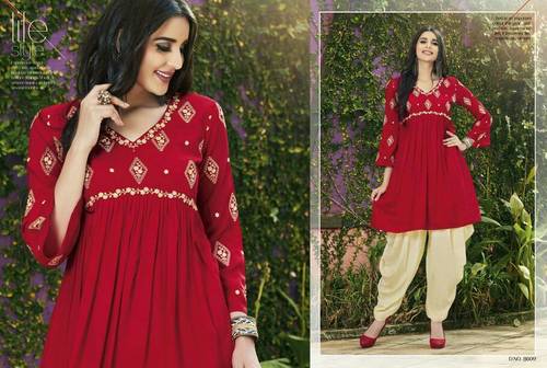 Red Rayon Embroidered Kurti