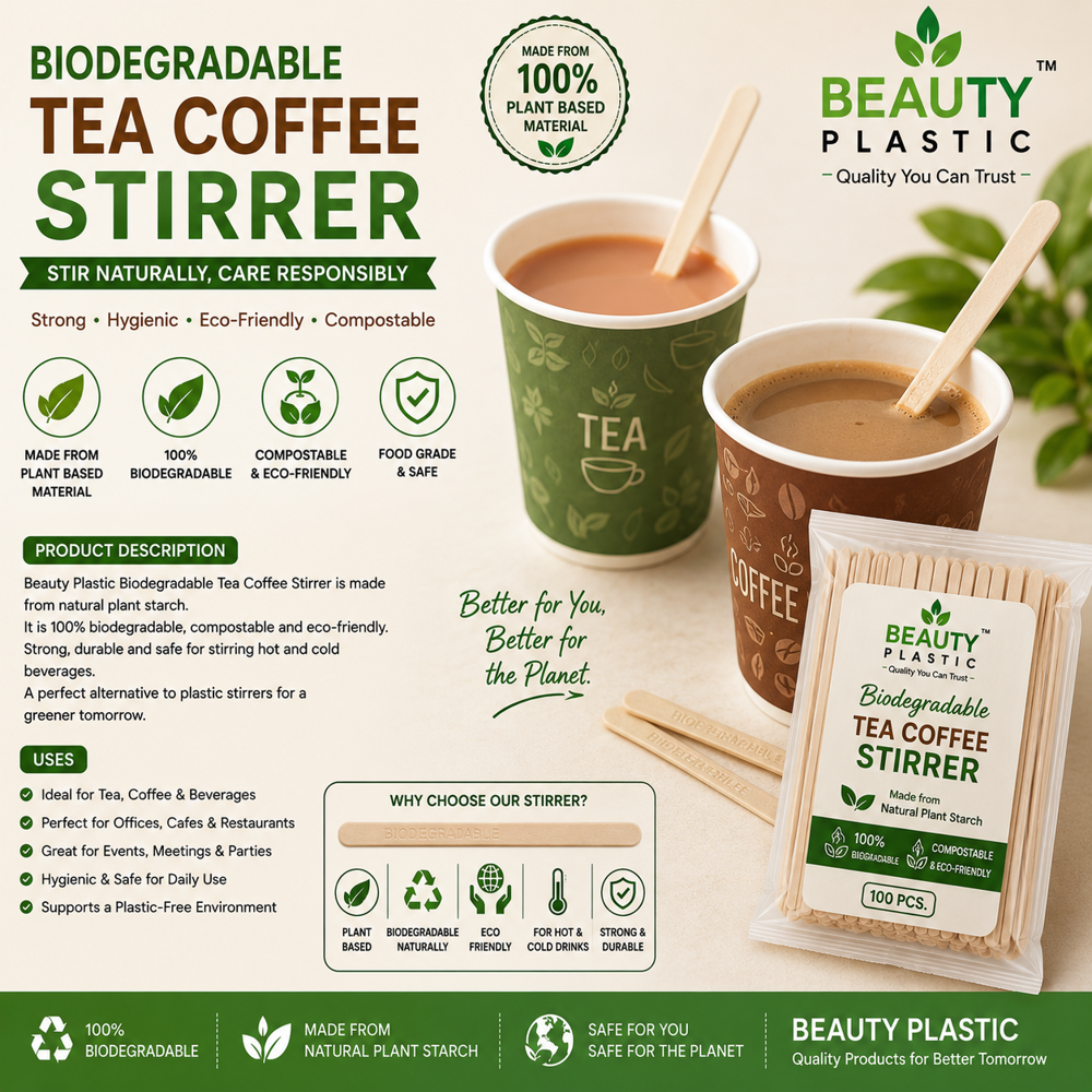 Biodegradable Tea Coffee Stirrer - Biodegradable Plastics | Eco-Friendly, Enhances Soil Quality, Certified Additives