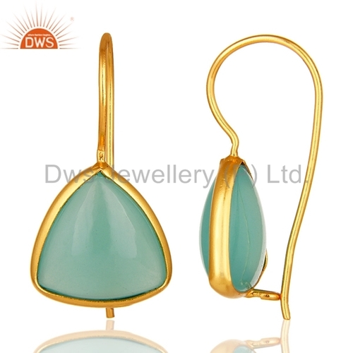 Handmade 925 Sterling Silver Gold Plated Aqua Chalcedony Drop Earrings - 27x16 mm, 5.94 Grams Weight, Elegant Jewelry Design