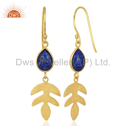 Leaf Design 925 Sterling Silver Gold Plated Natural Lapiz Lazuli Drop Earrings - 49x13 mm 3.458 Grams Elegant Blue Gemstone Jewelry